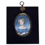 English School (19th century) - portrait miniature of a young girl, half length wearing a blue dress