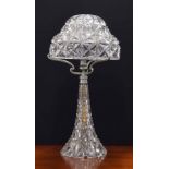 Good decorative crystal cut glass table lamp with a mushroom style shade, 20" high