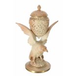 Royal Worcester blush ivory porcelain eagle pot pourri pot and cover, the reticulated pot raised