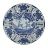 Chinese blue and white Kraak style porcelain dish, decorated with two deer near trees within a
