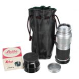 Leica 135mm f/4 Leitz Wetzlar Elmar camera lens, no. 1774082, in silver, with case and hood,
