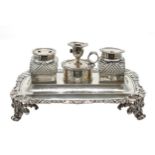 Fine George IV cast silver standish, complete with small chamber stick (lacking snuffer) and two