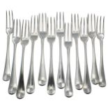 Matched set of twelve George II/III Hanoverian pattern silver table forks, each bearing a matching