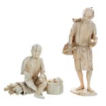 Two Chinese ivory Okimono figures; one modelled seated on a sack preparing fruit, 3.75" high; the