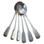 Set of six early Victorian fiddle pattern silver  soup spoons, each with monogrammed handles,