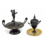 Grand Tour bronze twin-handled censer, the cover surmounted by a standing figure of Ulysses, 8"