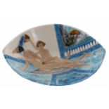 Contemporary 20th century studio pottery bowl, of elliptical form decorated with an interior bath