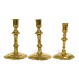 Pair of Georgian brass candlesticks, on canted square bases inscribed 'E. Snell 1763', 6.5" high;