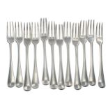 Twelve Georgian Hanoverian pattern silver dessert forks, including maker's Paul Crespin, Ebenezer