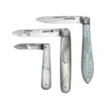 Three silver and mother of pearl handled folding fruit knives, Sheffield 1877, 1911, 1915, the