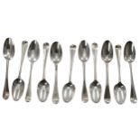 Selection of eleven 18th century Hanoverian rat tail pattern silver teaspoons 4.75" long, 4.2oz t (