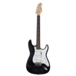 Encore S type electric guitar with lightweight distressed black finished body and rosewood board