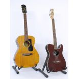 Squire by Fender Telecoustic electro-acoustic guitar; together with a Kasuga F-80 acoustic guitar,