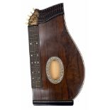 Rosewood concert zither with geometric foliate mother of pearl inlaid sound hole, within a fitted
