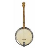 Good Nonpareil perloid tenor banjo, with faux yellow and coloured marble resonator, pot and