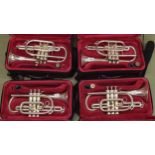 Four ex-student JP silver plated cornets, three with mouthpieces and cased (4) **This lot is subject