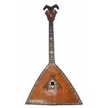 Old decorative piccolo balalaika, with rosewood segmented back, chevron and stylised mother of pearl