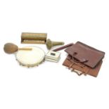 Various items including two leather music satchels, tambourine, antique child's toy piano etc