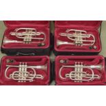 Four ex-student JP silver plated cornets, all with mouthpieces and cased (4) **This lot is subject