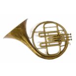 French 'Cor Raoux' brass horn with third valve ascending, by and stamped Millereau, Brevete, ...,