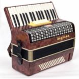 Hepezka piano accordion, with eighty bass buttons and five switches, purple marble finish, case;