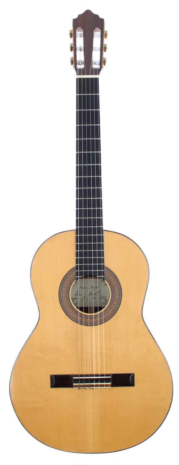 1993 Alan J Booth nylon string guitar; Back and sides: rosewood; Top: natural spruce; Neck:
