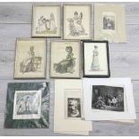 Selection of small framed etchings portraying figures in period dress; together with some etchings