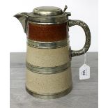 Large Doulton Lambeth stoneware pottery and silver plate mounted jug with hinged cover, impressed