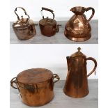 Victorian copper haystack gallon measure, 10" high; together with two copper kettles, twin handled