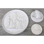 Greek circular plaster plaque after a classical scene depicting spring, impressed marks to the