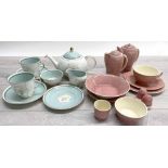 Susie Cooper Crown Works Kestrel 'Crescent Moon' pattern tea wares to include two pots, teacup