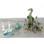 Group of six Chinese celadon glazed ducks, only the largest with a stamp, the tallest figure 9"
