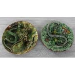 Caldas, Portugal majolica 'Palissy' style plate, featuring reptiles and insect life various, factory