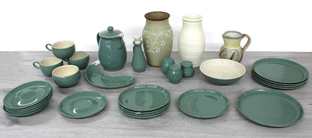 Selection of Denby tablewares to include teacups and saucers, plates, cruet set, hot water pot; also