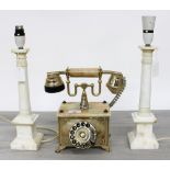 Vintage style onyx and brass telephone with rotary dial, 10" wide, 10.5" high; together with a