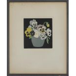 John Hall Thorpe (1874-1947), Flowers in a blue vase on a black ground, colour woodcut, signed in