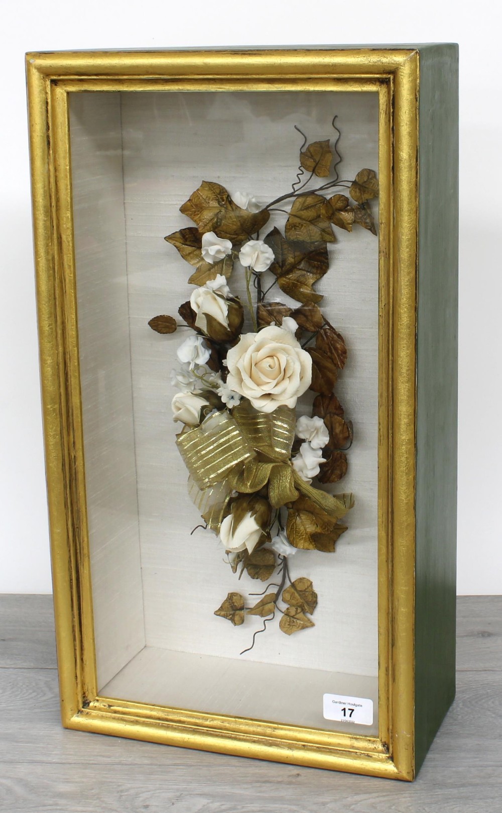 Decorative floral bouquet diorama, within a glazed box frame, 11" wide, 6" deep, 20.5" high