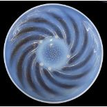 René Lalique 'Poisson' blue opalescent relief moulded shallow glass dish, stencil engraved R Lalique