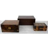 Victorian walnut writing slope, the hinged cover enclosing a blue baize lined surface with