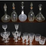 Selection of assorted antique and later glassware to include pair of moulded glass decanter with