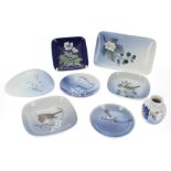 Royal Copenhagen - selection of small pin dishes and trays, decorated with flowers and birds