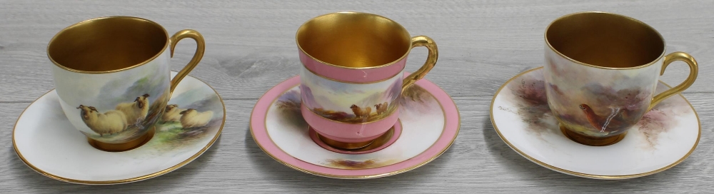 Royal Worcester porcelain coffee cup and saucer by Jas Stinton (restored), depicting gamebirds in a