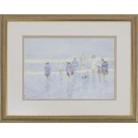 Edouard Van Goethem (1857-1924) - a family paddling in the sea, signed, print watercolour, 12" x 8",