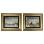 * Doornhein (20th century Dutch) - pair of similar winter scenes with windmills and skaters on a