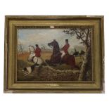 Style of P.H. Rideout (19th century) - a hunting scene with figures on horseback and a hound jumping