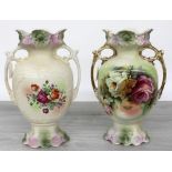 Pair of Staffordshire pottery transfer printed floral vases, each with twin gilt highlighted handles