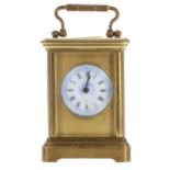 Miniature carriage clock timepiece, the 1.25" white and blue floral dial within a gilt mask and
