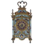 French ormolu and cloisonné repeater carriage clock striking on a gong, the 2" gilt dial with