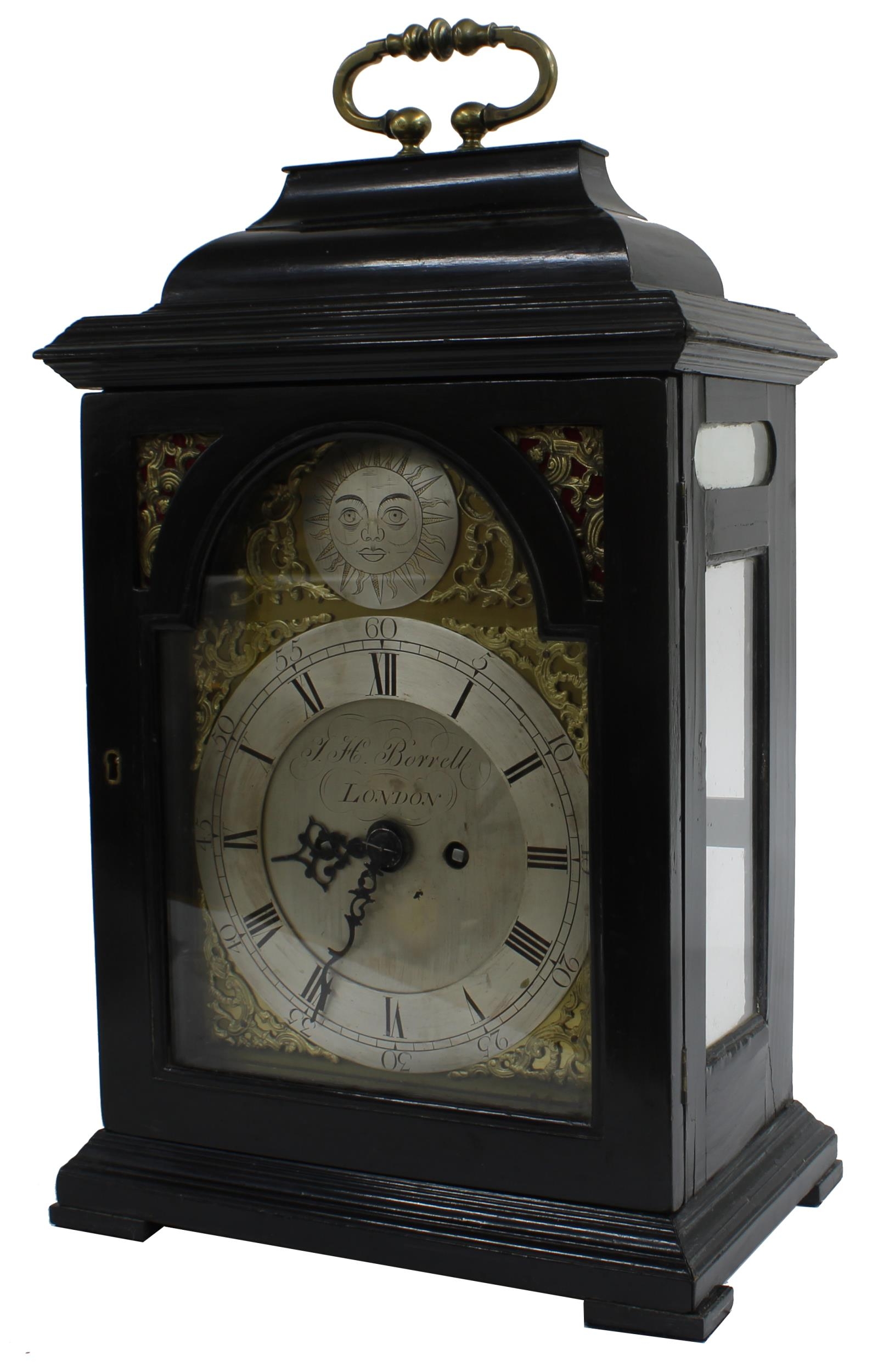 English ebonised double fusee bracket clock, the 7" brass arched dial signed J.H. Borrell, London on - Image 2 of 4