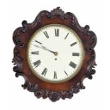 English mahogany single fusee 12" wall dial clock, within a flat surround with foliate and C-
